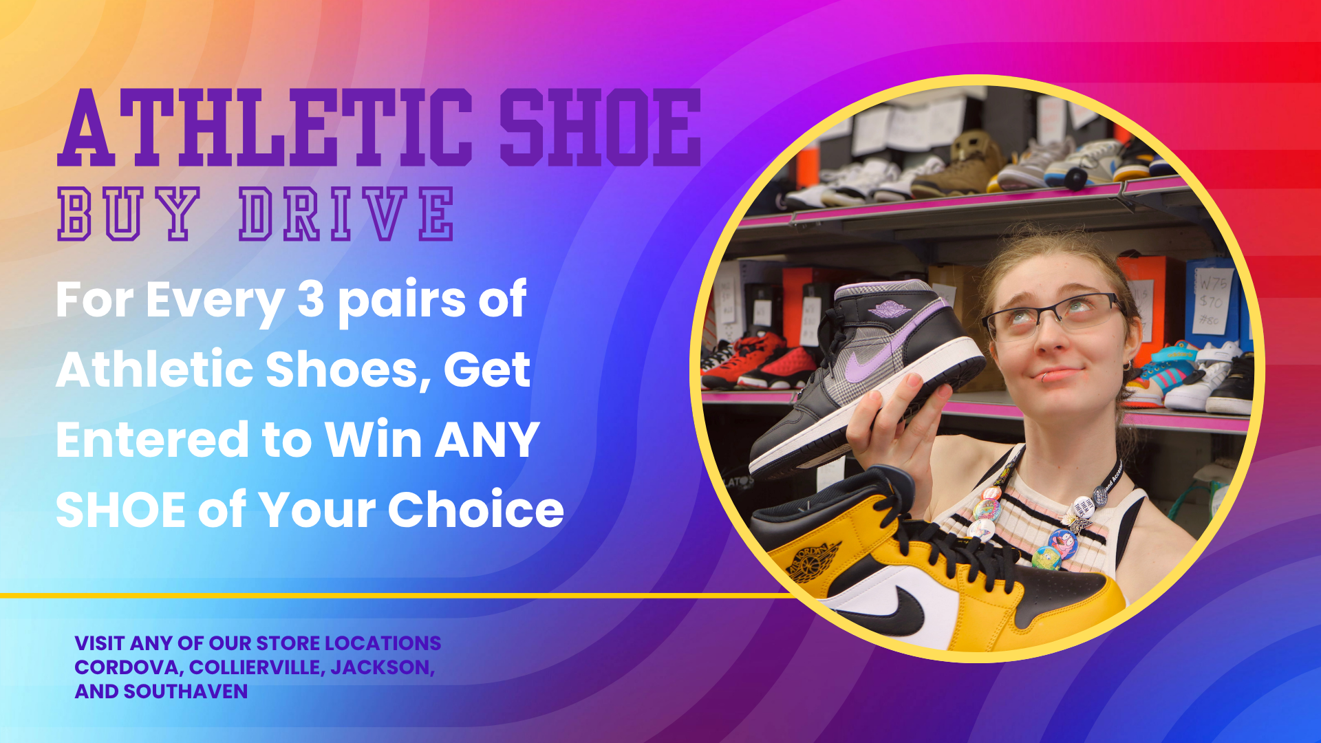 Assorted athletic shoes displayed during Plato's Closet Athletic Shoe Buy Drive promotion where customers can sell shoes for cash and enter to win a shoe from the sales floor.